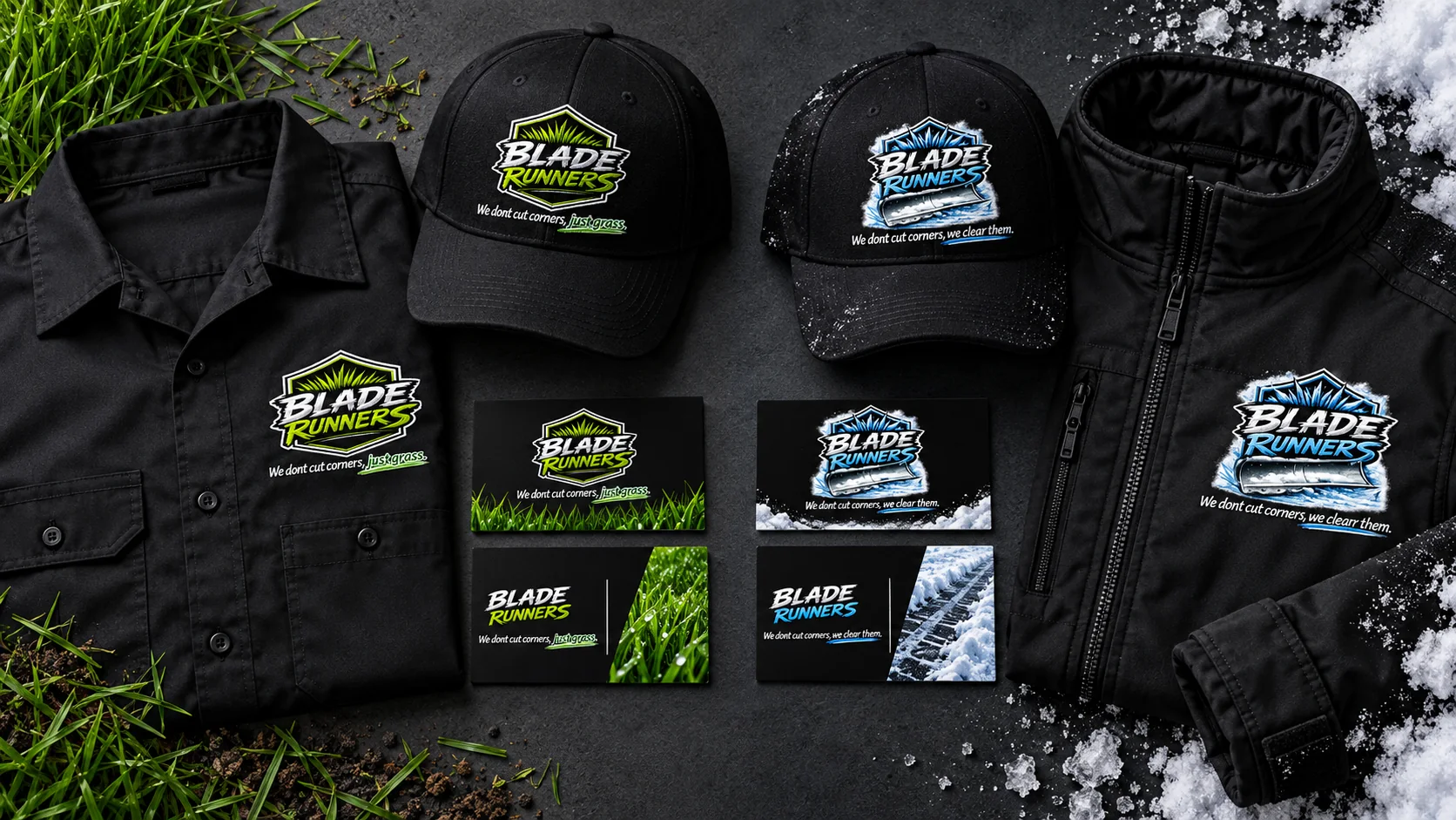Blade Runners summer and winter shirts, hats, and business cards