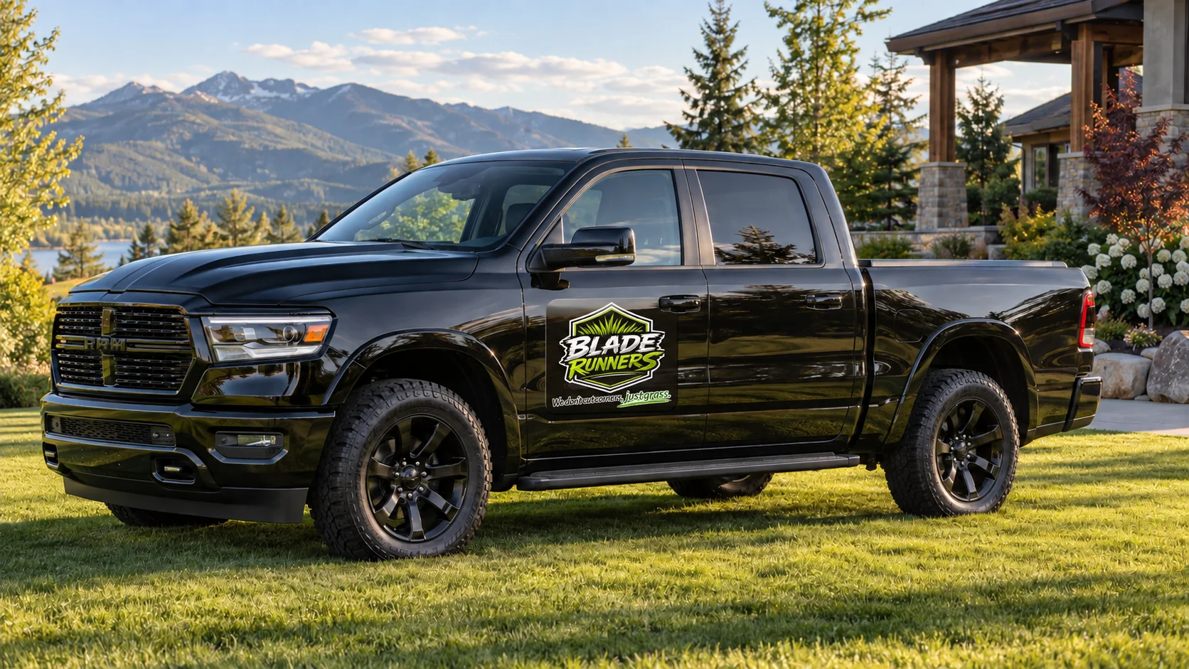 Black Dodge Ram with approved summer Blade Runners lawn-care magnet