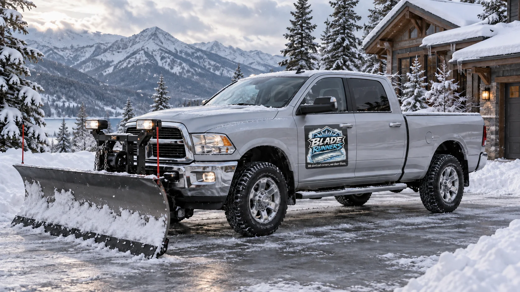 Silver Dodge Ram snowplow with approved winter Blade Runners magnet in snow