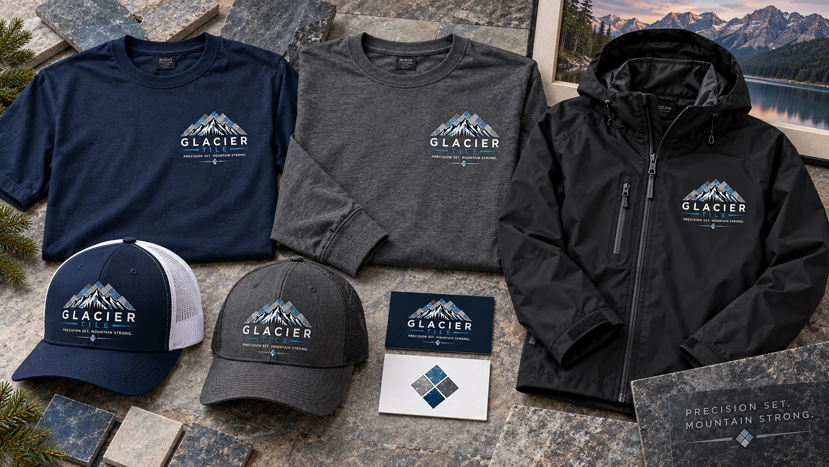 Glacier Tile shirts, hats, business cards, and rain jacket