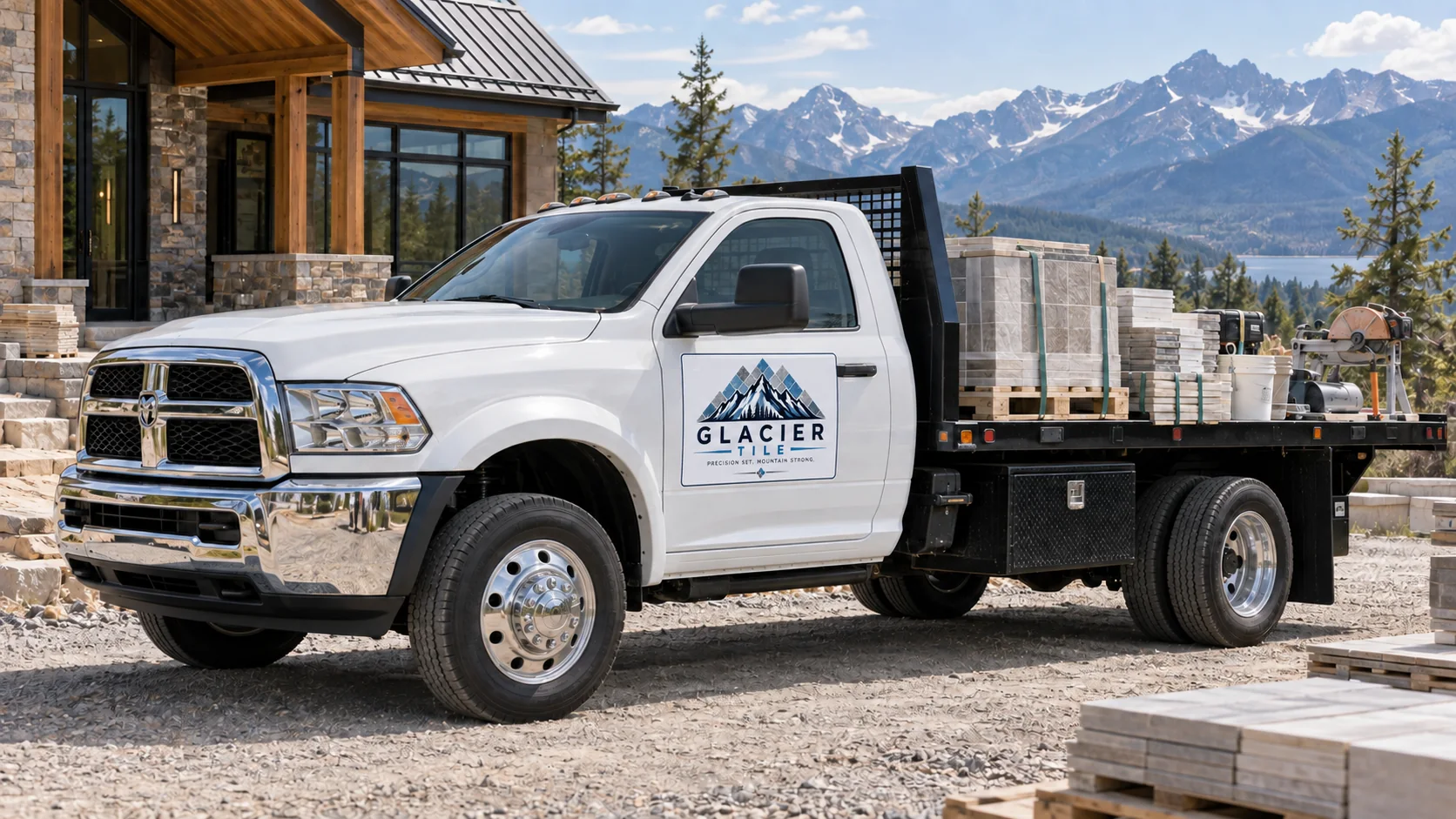 White Dodge Ram flatbed with Glacier Tile door magnet at a Montana jobsite