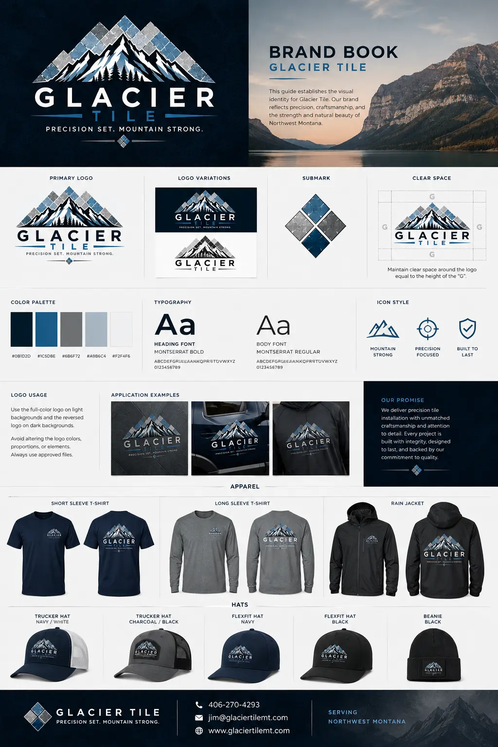 Glacier Tile brand system with mountain mosaic logo, color palette, apparel, and applications