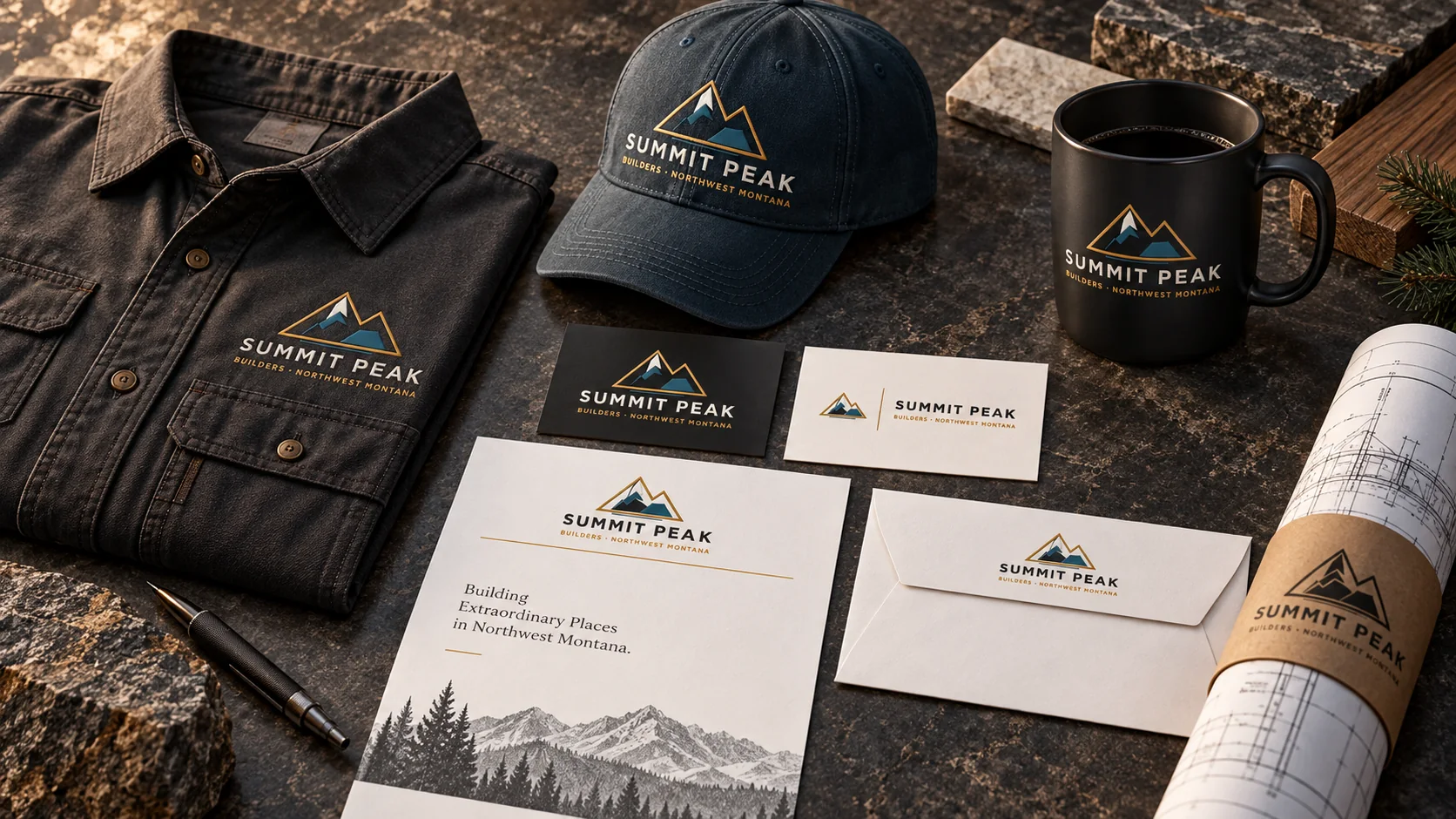 Summit Peak Builders logo, apparel, stationery, cards, plans, cap, and coffee mug