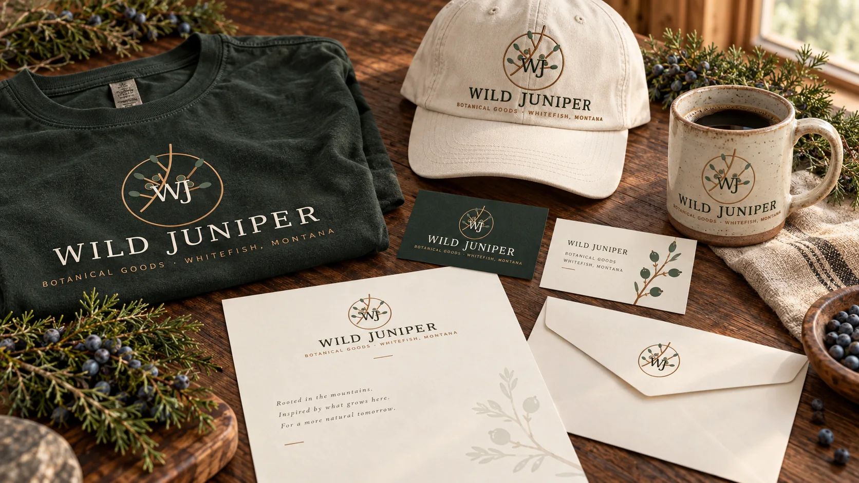 Wild Juniper botanical goods logo, apparel, stationery, cards, cap, and coffee mug